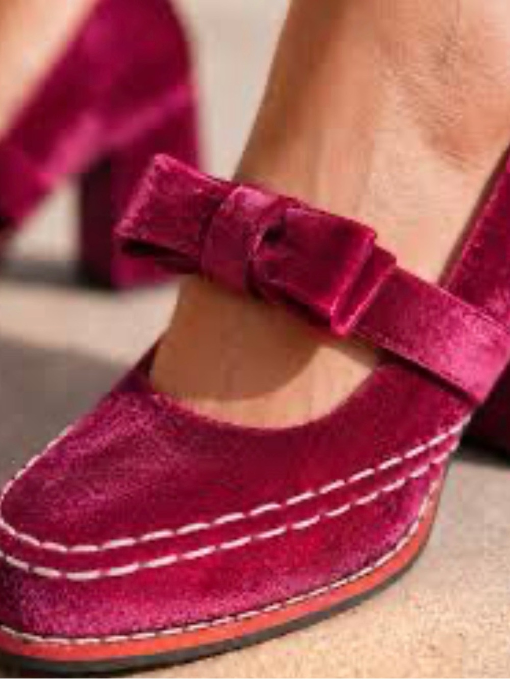 Velvet Mary Jane Pumps with Bow in Wine Pink